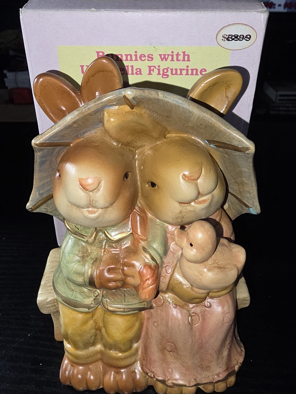 Vintage Bunny Couple Sharing Umbrella figurine Easter